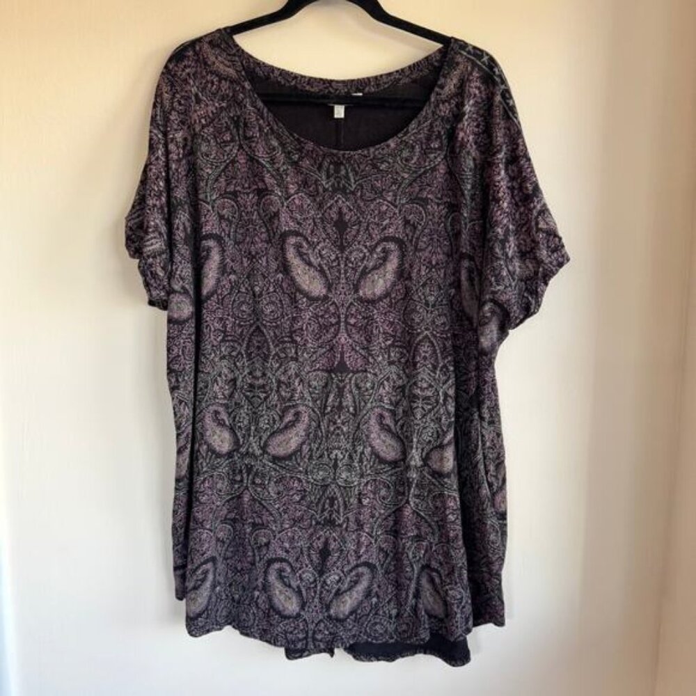 Lucky Brand Paisley Top Blouse Purple Round Neck Curve Hem Short Sleeve Sz 3X